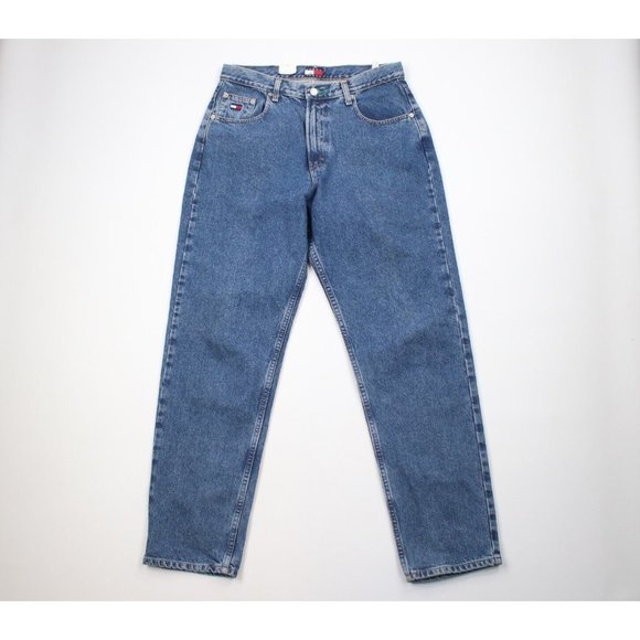 Deadstock Vintage 90s Tommy Hilfiger Womens Size 14 L Spell Out Baggy Jeans Blue